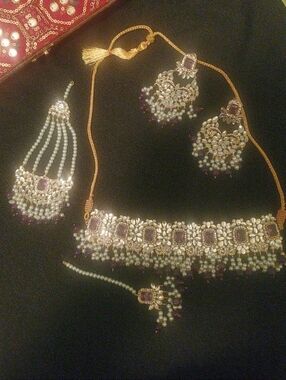 Nwot Purple Pakistani/Indian Bridal Set 4 Piece Necklace, Jhumar, Earring, Tikka